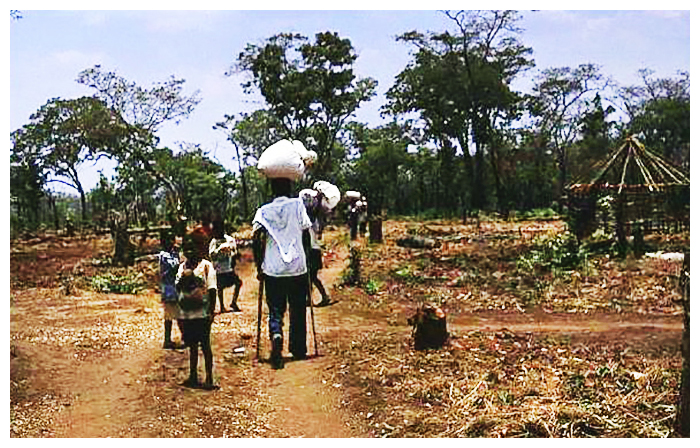 Figure 16. 2001. Sur le chemin du retour de la distribution alimentaire. Soldats angolais blessés, récemment regroupés dans le nouveau camp d'Ukwimi.