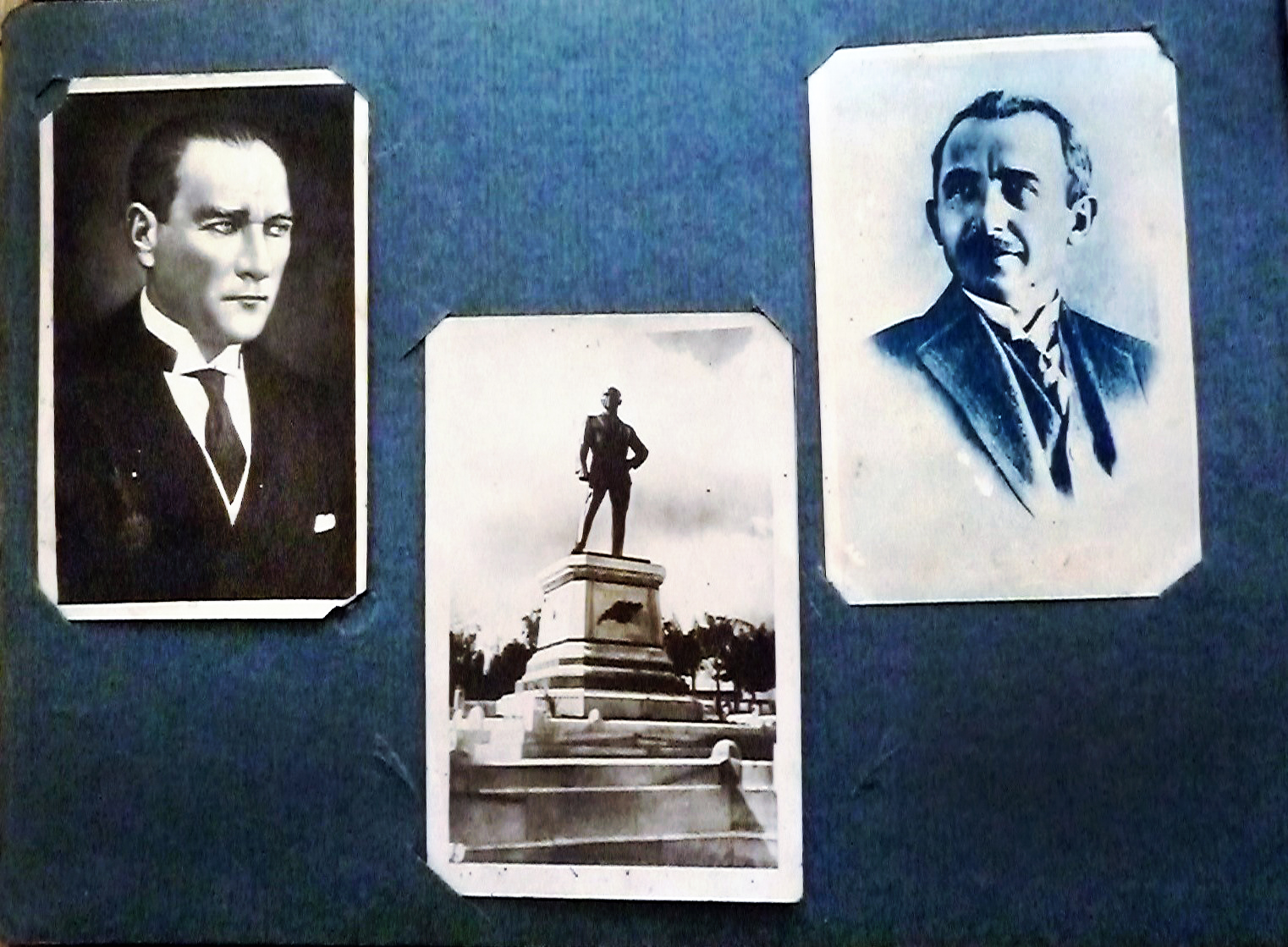 Figure 4 : Extrait d'un album de photographie de la famille Oflas : on y voit les portraits de Mustafa Kemal [Atatürk] et d'İsmet [İnönü] au milieu desquels se trouve la photographie de la statue de Mustafa Kemal à Sarayburnu. (Photos de la famille Oflas, en possession de son fils Tarık Oflas).