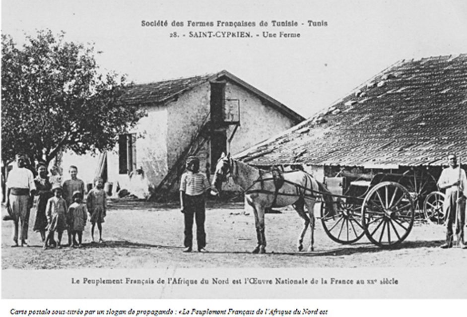 Carte postale sous-titrée par un slogan de propagande : « Le Peuplement Français de l’Afrique du Nord est l’Œuvre nationale de la France au XXe siècle ».